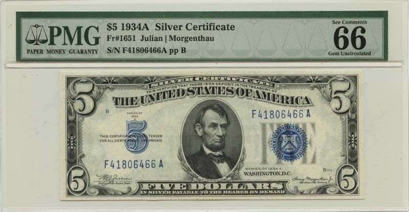 1934 Silver Certificate Blue FR#1651 PMG Gem 66 EPQ Uncirculated: 1934 Silver Certificate Blue FR#1651 PMG Gem 66 EPQ Uncirculated This 1934 Silver Certificate, designated as FR#1651, showcases a stunning uncirculated condition with a grade of MS65 from PCGS Currenc