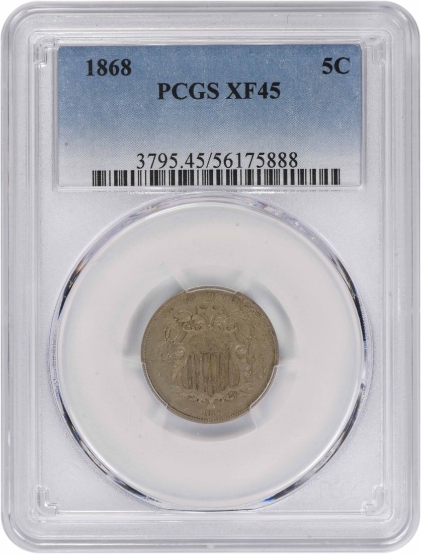 EF45 1868 Five Cent Shield Coin Certified by PCGS: EF45 1868 Five Cent Shield Coin Certified by PCGS This 1868 Shield Nickel is graded EF45 by PCGS. Struck at the Philadelphia Mint, this circulated coin features a composition of 75% copper and 25% nic
