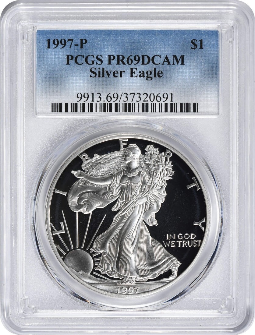 1997-P American Silver Eagle PR69DCAM PCGS Proof 1 oz Coin: 1997-P American Silver Eagle PR69DCAM PCGS Proof 1 oz Coin This 1997-P American Silver Eagle coin is a stunning proof issue certified by PCGS with a grade of PR69DCAM, showcasing its excellent conditi