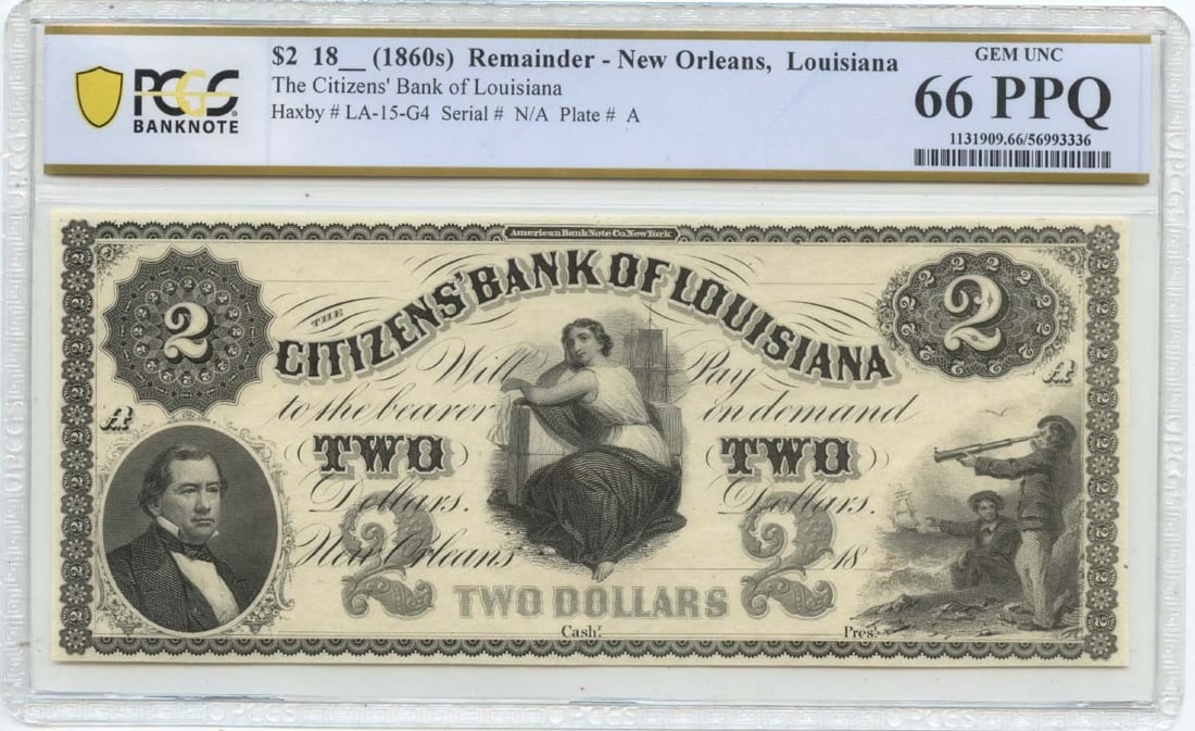 1860s $2 Citizens Bank New Orleans Obsolete Note PCGS GEM 66 PPQ: 1860s $2 Citizens Bank New Orleans Obsolete Note PCGS GEM 66 PPQ This remarkable $2 obsolete note from the Citizens Bank of New Orleans, Louisiana, dates back to the 1860s and is certified by PCGS as