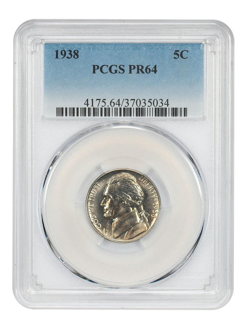 1938 Jefferson Nickel Proof PR64 PCGS Certified Uncirculated: 1938 Jefferson Nickel Proof PR64 PCGS Certified Uncirculated This 1938 Jefferson Nickel is a 5-cent coin graded PR64 by PCGS. It is an uncirculated proof strike from the Philadelphia Mint, with a mint
