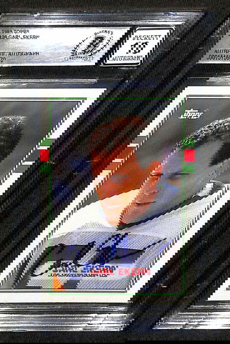 Autographed 1989 Topps #126 Carl Ekern Card Beckett 10 Auto Los Angeles Rams: Autographed 1989 Topps #126 Carl Ekern Card Beckett 10 Auto Los Angeles Rams This is an original 1989 Topps #126 sports trading card featuring Los Angeles Rams linebacker Carl Ekern. The card has been