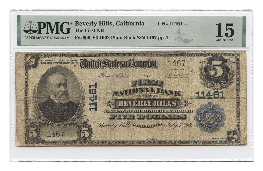1902 $5 National Bank Note Beverly Hills CA PMG Choice Fine 15: 1902 $5 National Bank Note Beverly Hills CA PMG Choice Fine 15 This 1902 $5 National Bank Note from Beverly Hills, CA is a heavily circulated example that retains its charm and character. Graded PMG C