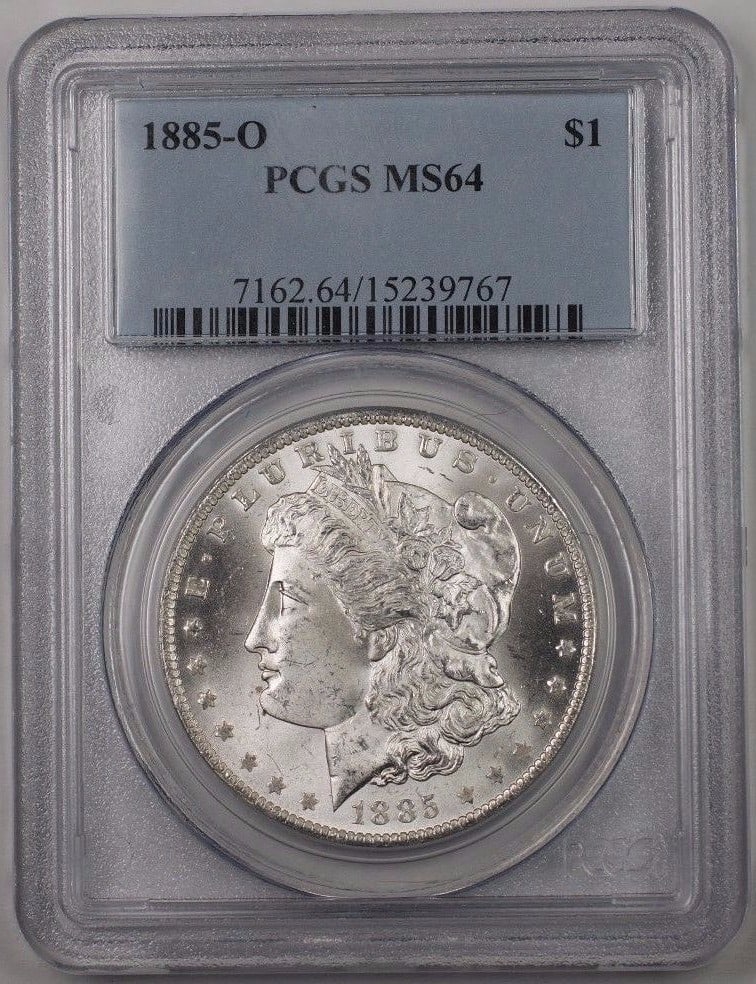PCGS MS-64 1885-O Morgan Dollar Silver $1 New Orleans Rim Toned: PCGS MS-64 1885-O Morgan Dollar Silver $1 New Orleans Rim Toned This 1885-O US Morgan Silver Dollar is certified by PCGS with a grade of MS-64, indicating a high-quality uncirculated coin. Minted in N