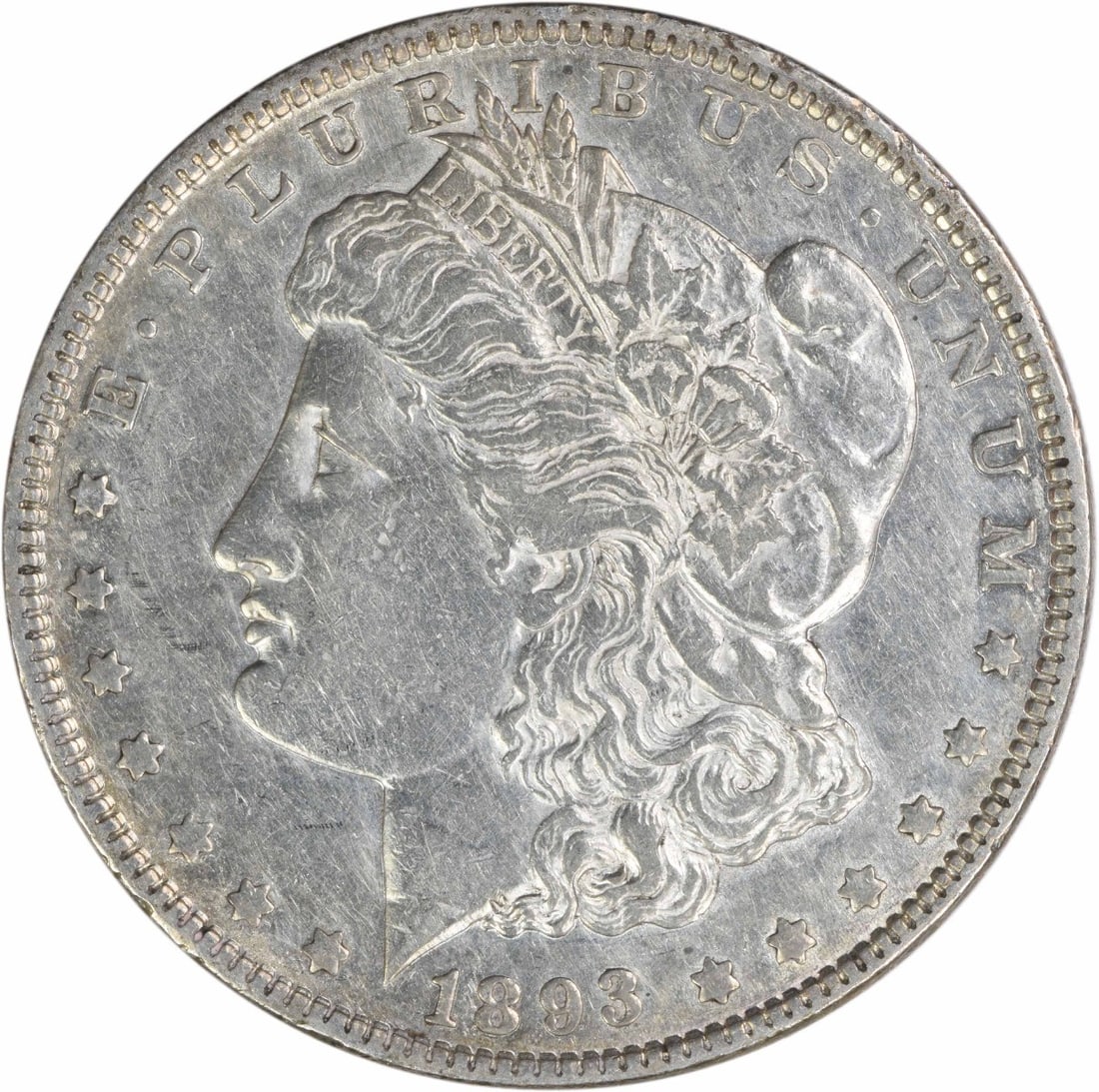 1893 Morgan Dollar Extra Fine Philadelphia Uncertified Silver Coin: 1893 Morgan Dollar Extra Fine Philadelphia Uncertified Silver Coin This 1893 Morgan Silver Dollar from the Philadelphia Mint is composed of 90% silver and 10% copper. Designed by George T. Morgan, the