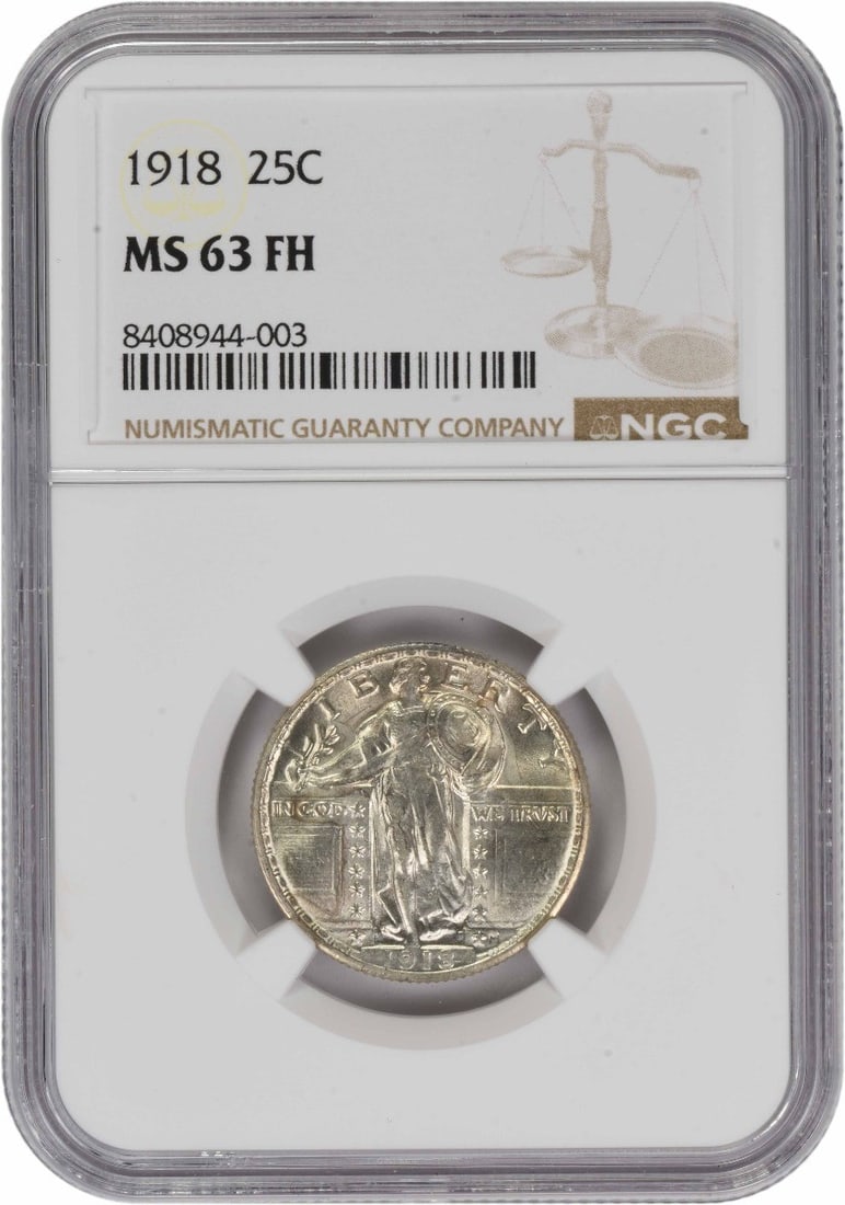 1918 Standing Liberty Quarter MS63FH NGC Certified Silver Coin: 1918 Standing Liberty Quarter MS63FH NGC Certified Silver Coin This 1918 Standing Liberty Quarter is certified MS63FH by NGC, indicating a high level of preservation with a Full Head designation. Mint