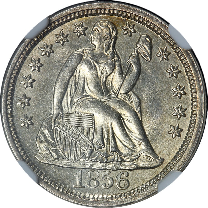 NGC MS63 1856 Philadelphia Seated Liberty Dime Large Date Silver: NGC MS63 1856 Philadelphia Seated Liberty Dime Large Date Silver This 1856-P Seated Liberty Dime features a large date and is certified by NGC with a grade of MS63. Struck in silver with a fineness of
