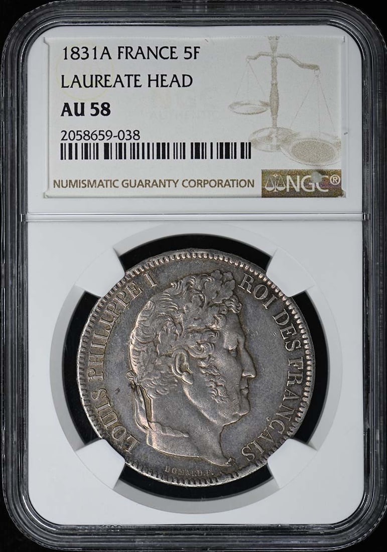 France 1831A 5 Francs Laureate Head Coin NGC AU58: France 1831A 5 Francs Laureate Head Coin NGC AU58 This is an 1831 France Laureate Head 5 Francs coin, graded AU58 by NGC. The coin is circulated and certified, originating from France and dated 1831.