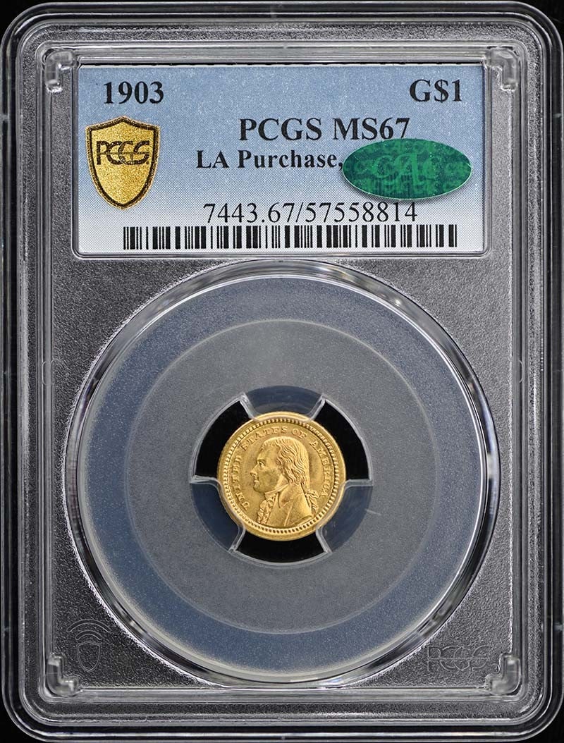 1903 Louisiana Purchase Jefferson Gold Dollar PCGS MS67 CAC Commemorative Coin: 1903 Louisiana Purchase Jefferson Gold Dollar PCGS MS67 CAC Commemorative Coin This 1903 Louisiana Purchase Jefferson Gold Dollar is a commemorative coin issued by the United States Mint in Philadelph