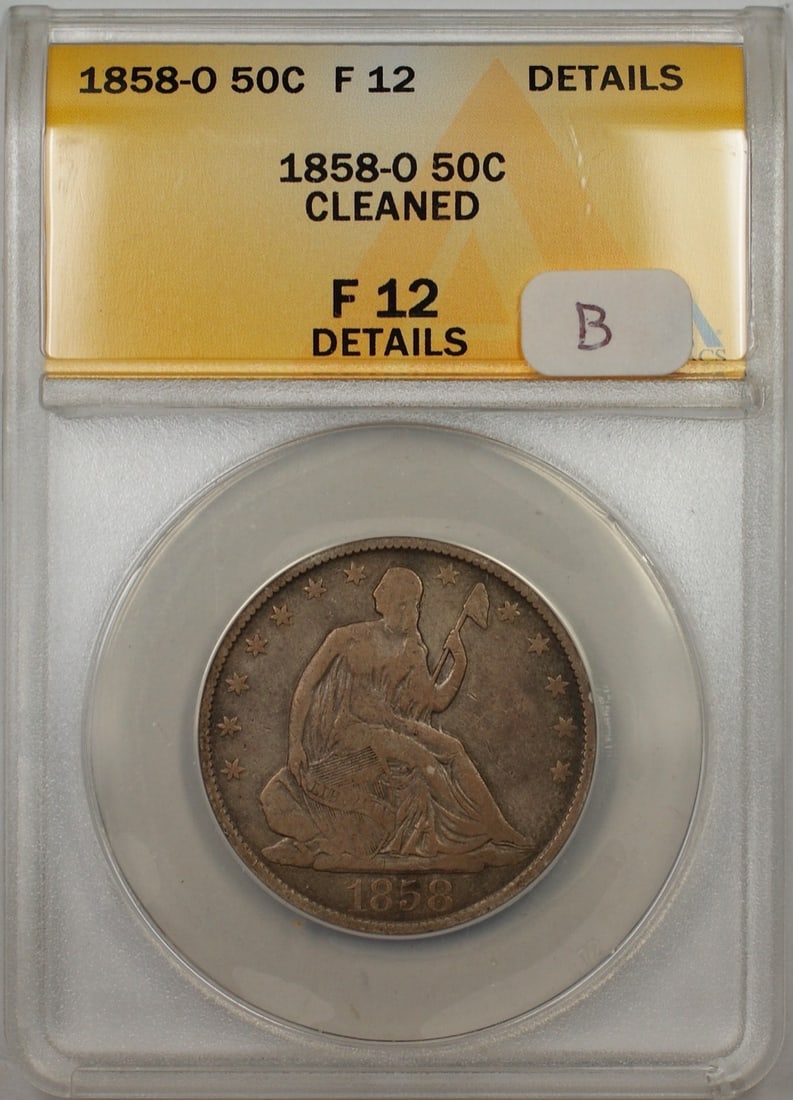 ANACS F12 1858-O Silver Seated Liberty Half Dollar Cleaned New Orleans Mint: ANACS F12 1858-O Silver Seated Liberty Half Dollar Cleaned New Orleans Mint This is an 1858-O Seated Liberty Silver Half Dollar 50 cent coin, graded F12 by ANACS. Struck in New Orleans, it is composed