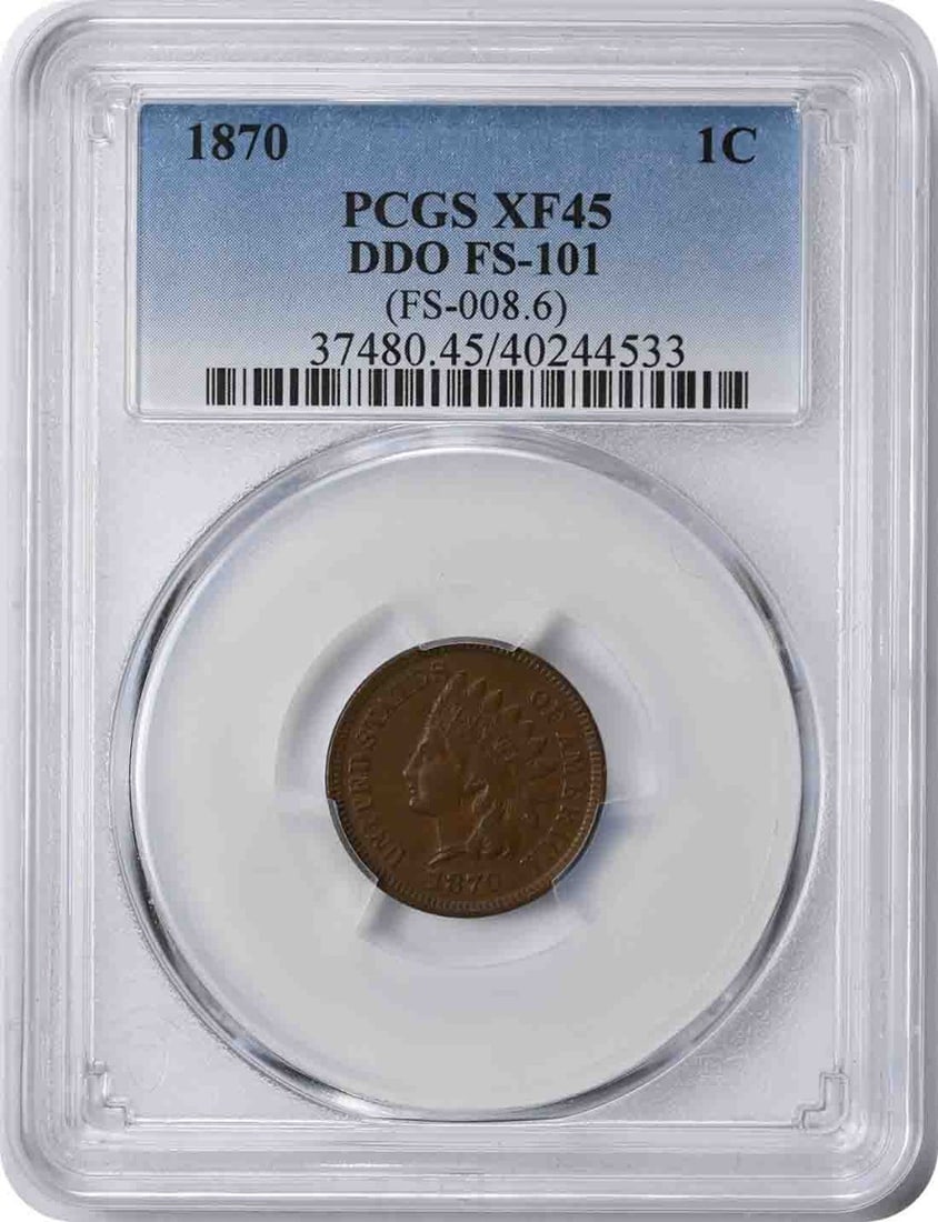 1870 Indian Cent XF45 PCGS Certified Copper Coin: 1870 Indian Cent XF45 PCGS Certified Copper Coin This 1870 Indian Cent features the distinct Double Die Obverse (DDO) FS-101, certified by PCGS with a grade of XF45. The coin is circulated and was min