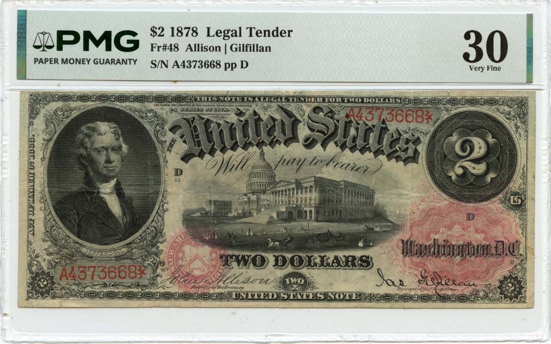 1878 United States $2 Legal Tender Note PMG VF30 Graded (1 of 2)