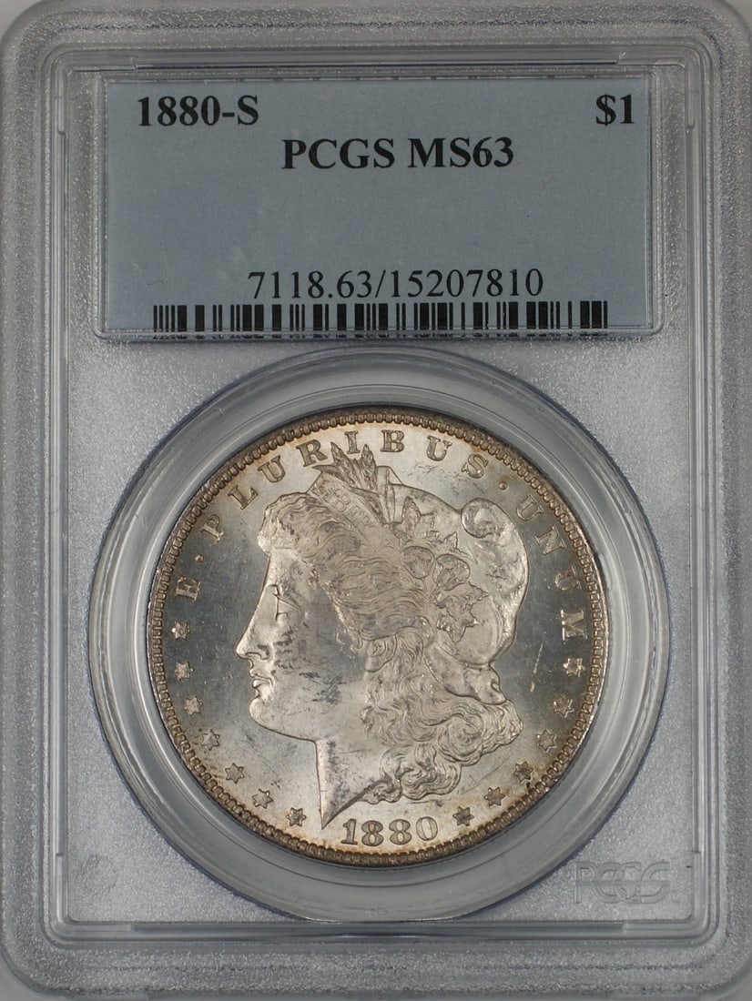 PCGS MS-63 1880-S Silver Morgan Dollar San Francisco Light Toning: PCGS MS-63 1880-S Silver Morgan Dollar San Francisco Light Toning This 1880-S Morgan Silver Dollar features a lightly toned surface and has been graded MS-63 by PCGS. Minted in San Francisco, it is co