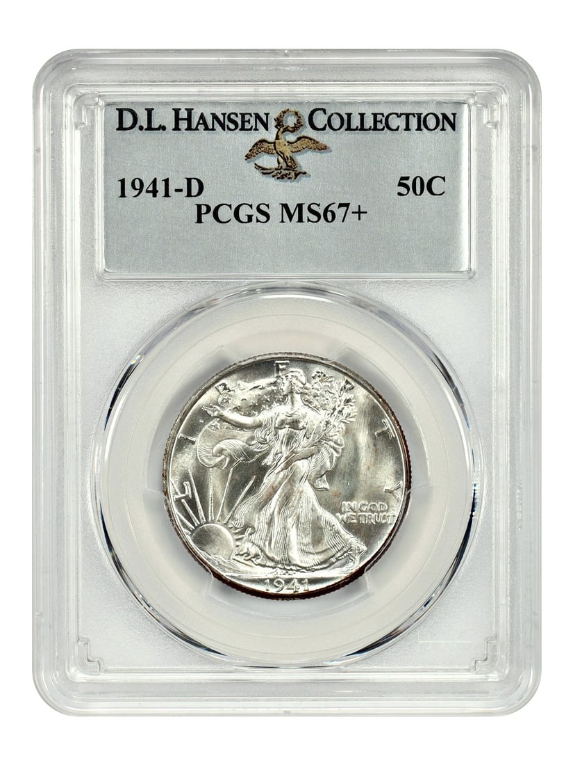 PCGS MS67+ 1941-D Walking Liberty Half Dollar Ex D L Hansen: PCGS MS67+ 1941-D Walking Liberty Half Dollar Ex D L Hansen This 1941-D Walking Liberty Half Dollar is graded MS67+ by PCGS and features the provenance of ex: D.L. Hansen. The obverse displays a brill