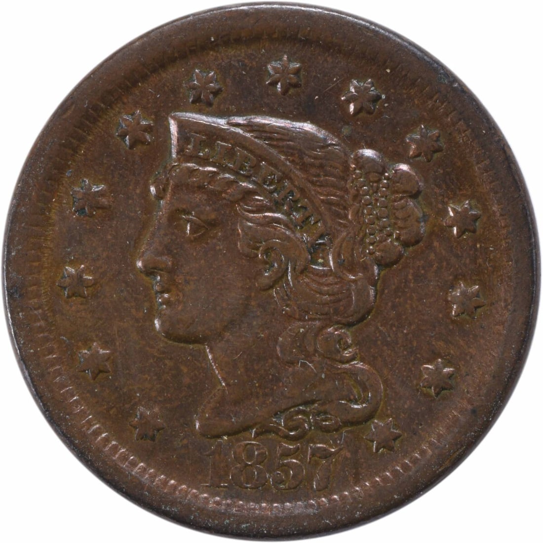 1857 Large Cent AU Braided Hair Copper Coin Philadelphia (1 of 2)