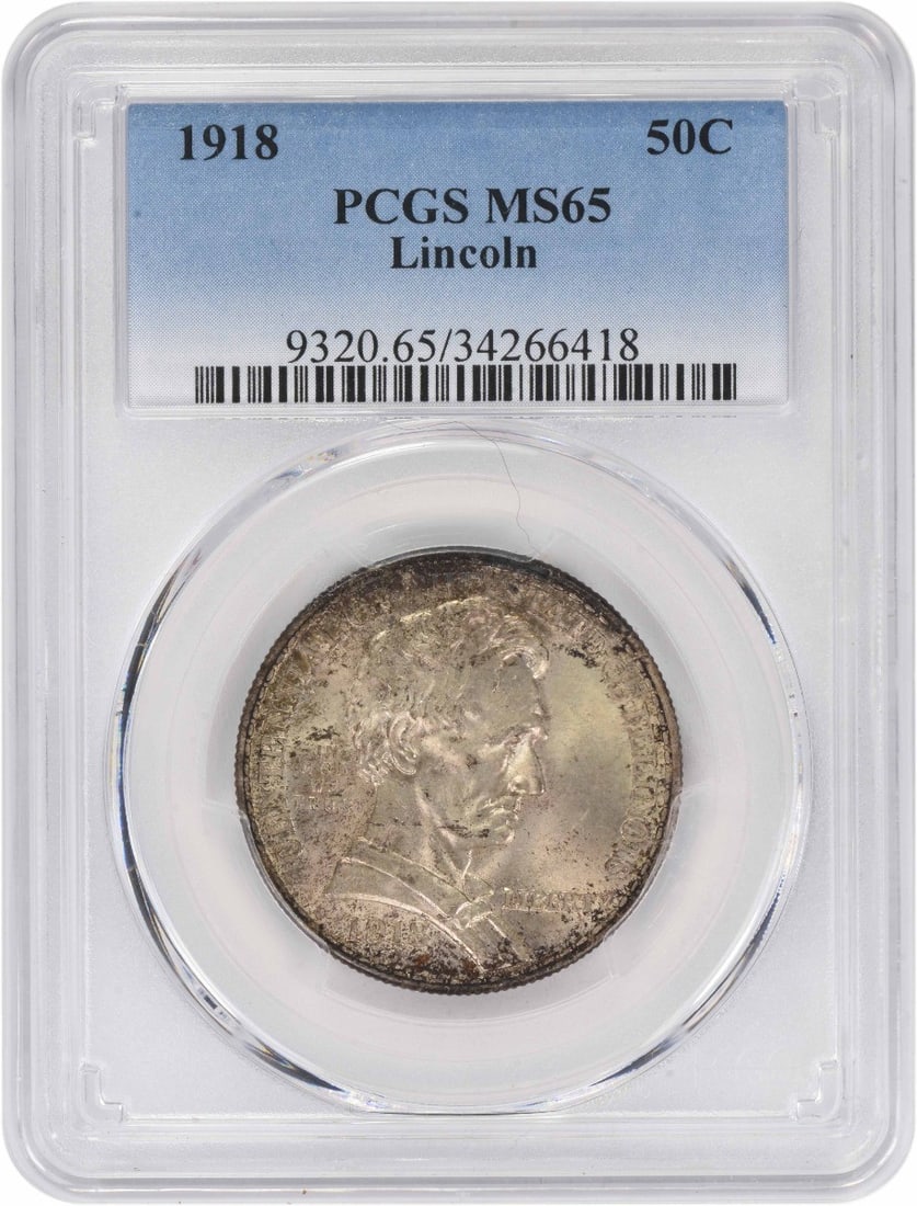 1918 Lincoln Silver Commemorative Half Dollar MS65 Graded by PCGS: 1918 Lincoln Silver Commemorative Half Dollar MS65 Graded by PCGS This 1918 Lincoln Commemorative Silver Half Dollar is an uncirculated coin certified by PCGS with a grade of MS65. Struck at the Phila