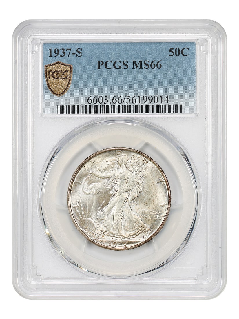 1937 San Francisco Walking Liberty Half Dollar PCGS MS66: 1937 San Francisco Walking Liberty Half Dollar PCGS MS66 This is a 1937-S Walking Liberty Half Dollar graded MS66 by PCGS. The coin is uncirculated and minted in San Francisco, featuring the classic W