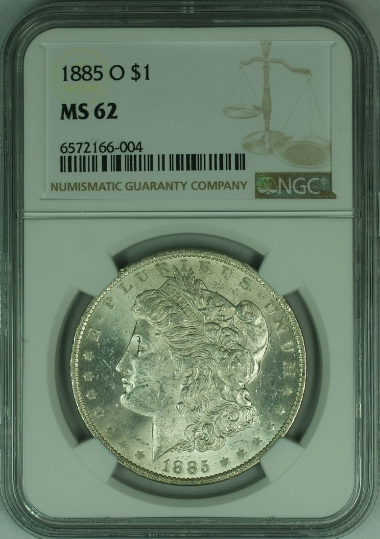 NGC MS-62 1885-O Morgan Dollar Silver Coin from New Orleans Mint: NGC MS-62 1885-O Morgan Dollar Silver Coin from New Orleans Mint This is an 1885-O Morgan Silver Dollar with a denomination of $1, minted in New Orleans. The coin is composed of silver and is certifie