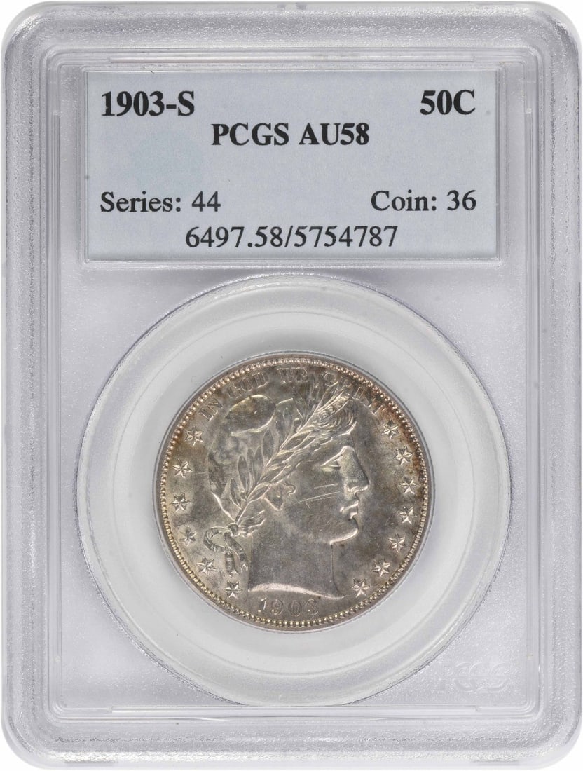AU58 PCGS Certified 1903-S Silver Barber Half Dollar Coin: AU58 PCGS Certified 1903-S Silver Barber Half Dollar Coin This 1903-S Barber Silver Half Dollar is graded AU58 by PCGS. Featuring the classic Barber design, this circulated coin was minted in San Fran