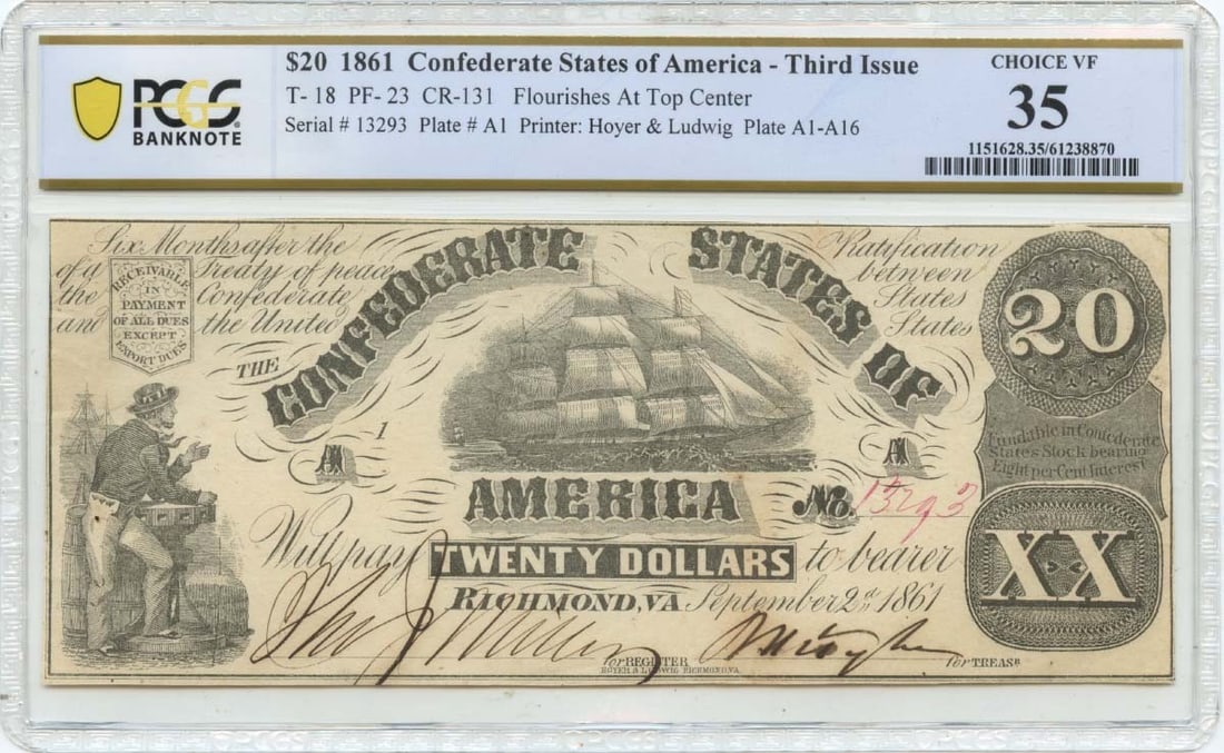 1861 Confederate $20 T-18 PF-23 PCGS VF35 Banknote (1 of 2)
