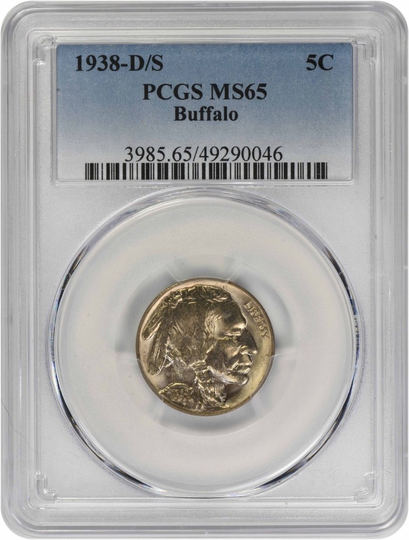 1938-D/S Buffalo Nickel MS65 PCGS Uncirculated Coin: 1938-D/S Buffalo Nickel MS65 PCGS Uncirculated Coin This 1938-D/S Buffalo Nickel is graded MS65 by PCGS, showcasing its exceptional quality and uncirculated condition. The coin, made of nickel, featur