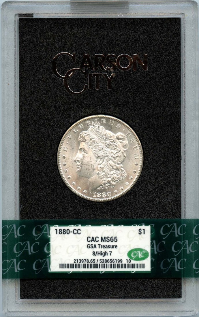 CACG MS65 1880 Carson City Morgan Dollar from GSA Hoard: CACG MS65 1880 Carson City Morgan Dollar from GSA Hoard This 1880-CC Morgan Dollar from the GSA Hoard is graded MS65 by CACG and features CAC approval. Minted in Carson City, this uncirculated coin is