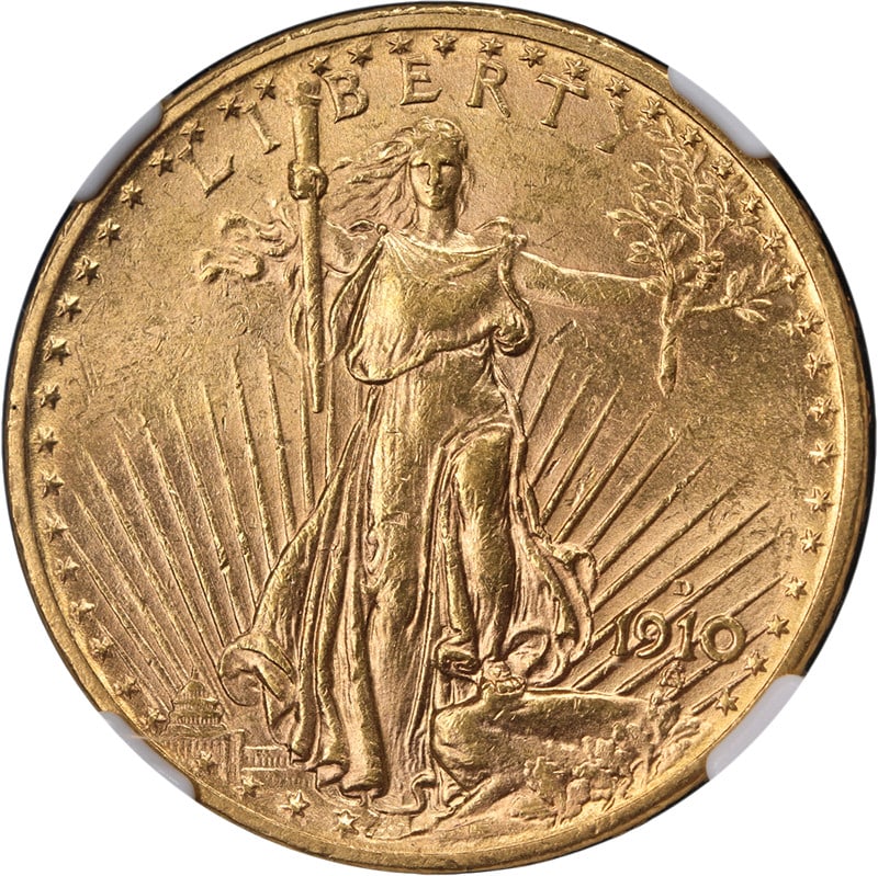 NGC MS63 1910-D Saint-Gaudens $20 Gold Coin United States: NGC MS63 1910-D Saint-Gaudens $20 Gold Coin United States This 1910-D Saint-Gaudens Gold $20 coin is an uncirculated example graded MS63 by NGC. It features attractive luster, well-defined strike, and