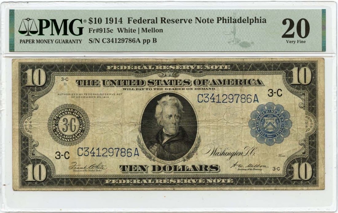 1914 $10 Federal Reserve Note Fr# 915c PMG VF20 Circulated: 1914 $10 Federal Reserve Note Fr# 915c PMG VF20 Circulated This 1914 $10 Federal Reserve Note, designated as Fr# 915c, is a notable piece of currency history. Certified by PMG with a grade of VF20, th