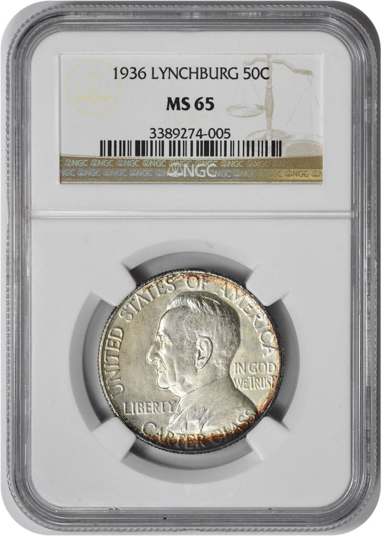 1936 Lynchburg Silver Half Dollar Commemorative MS65 NGC Certified Coin: 1936 Lynchburg Silver Half Dollar Commemorative MS65 NGC Certified Coin This Lynchburg Commemorative Silver Half Dollar from 1936 is graded MS65 by NGC. Struck at the Philadelphia Mint, this uncircula