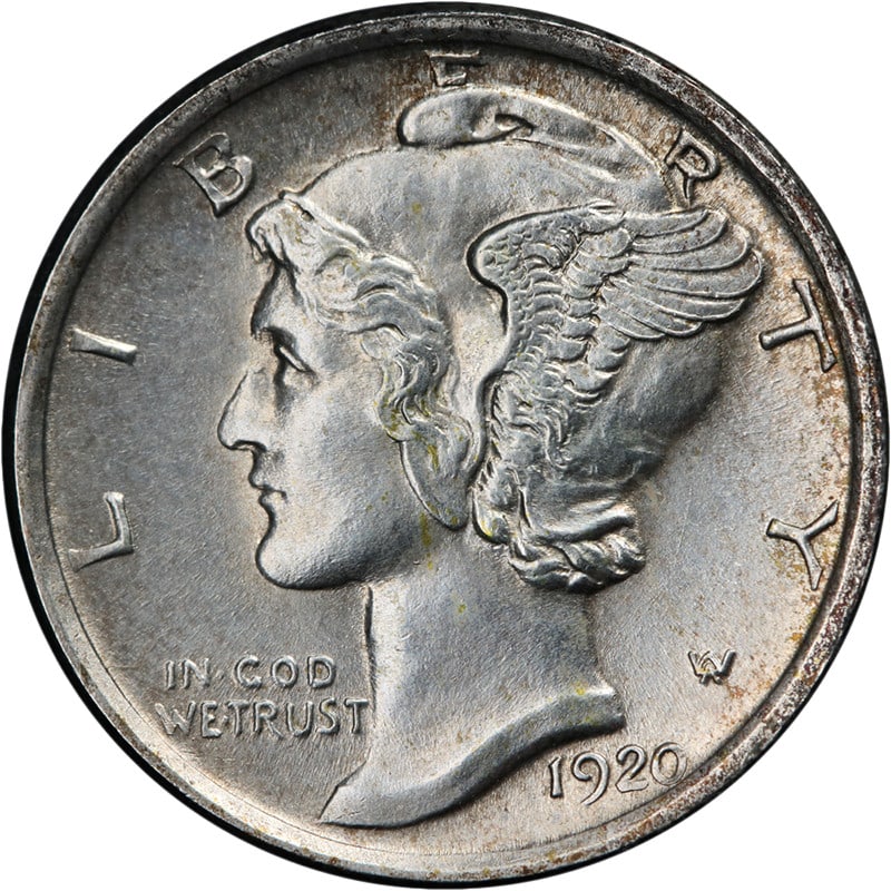 1920 San Francisco Mercury Dime Uncirculated Silver Coin BU Plus: 1920 San Francisco Mercury Dime Uncirculated Silver Coin BU Plus This 1920-S Mercury Dime showcases exceptional eye appeal with a beautiful luster and strong strike. The coin features attractive color