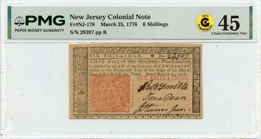 New Jersey 6 Shillings Colonial Currency March 25 1776 PMG XF45 (1 of 2)