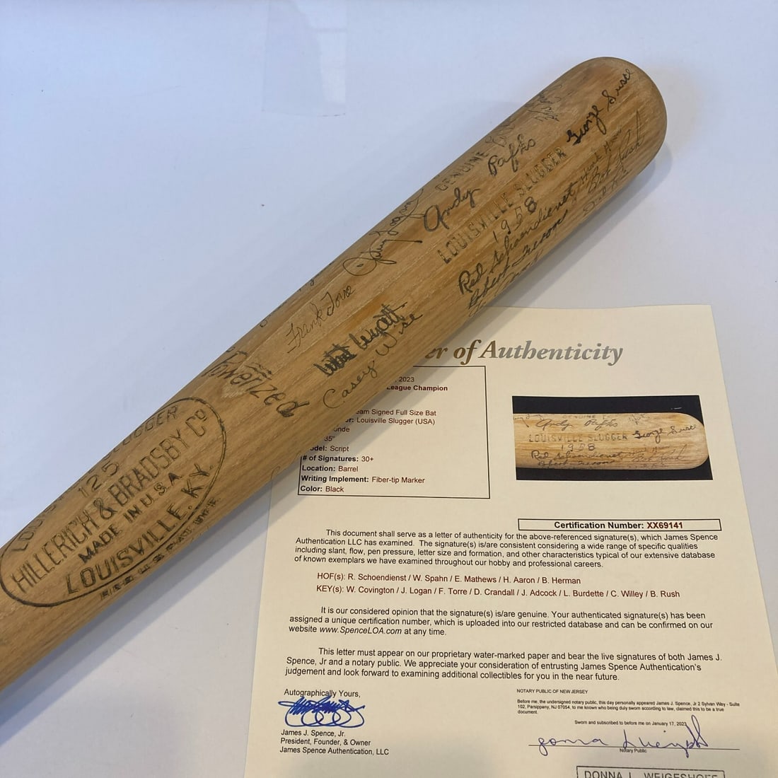 1958 Milwaukee Braves Team Signed Bat JSA MEARS COA 35" K55 Model: 1958 Milwaukee Braves Team Signed Bat JSA MEARS COA 35" K55 Model This authentic 1958 Milwaukee Braves team-signed bat is a remarkable piece of baseball history. Measuring 35 inches and weighing 33 ou