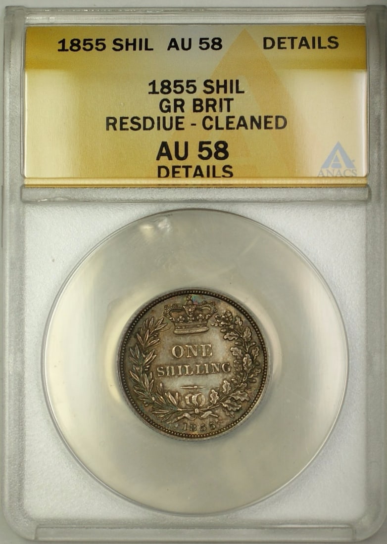 1855 United Kingdom Silver Shilling ANACS AU-58 Details Cleaned: 1855 United Kingdom Silver Shilling ANACS AU-58 Details Cleaned This is an 1855 Great Britain 1 shilling silver coin, certified by ANACS with an AU-58 Details grade. The coin is circulated and compose