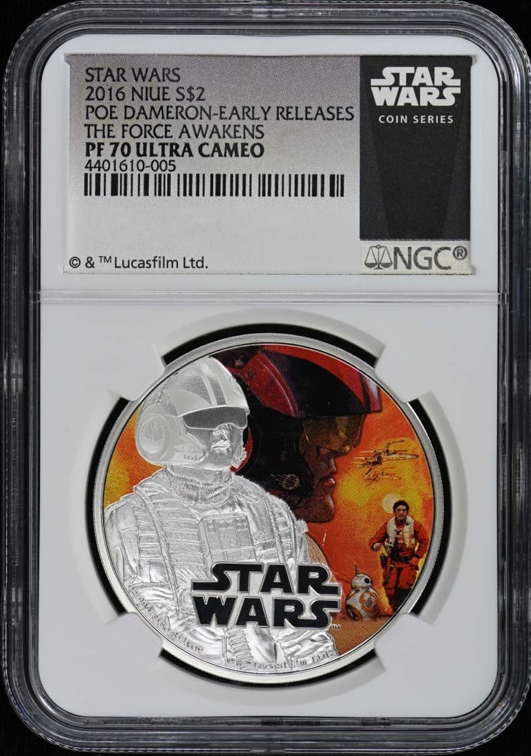 NGC PR70 Niue 2016 Poe Dameron The Force Awakens Silver $2 Coin: NGC PR70 Niue 2016 Poe Dameron The Force Awakens Silver $2 Coin This is a 2016 Niue Poe Dameron The Force Awakens $2 coin, graded PR70 by NGC. The coin is in un-used condition and comes certified with
