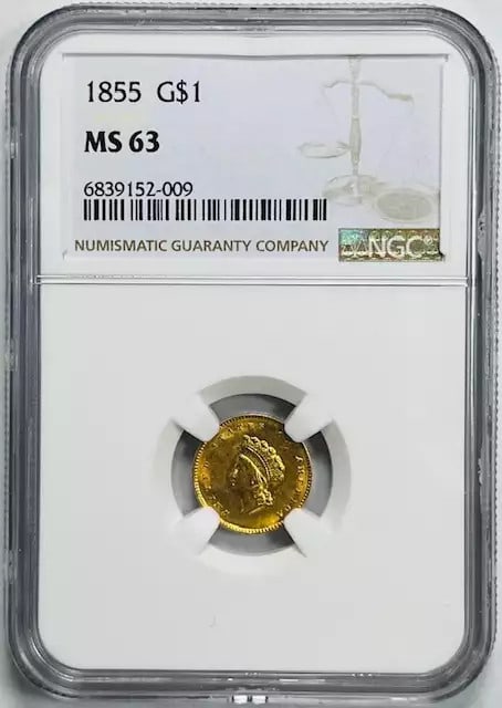 1855 NGC MS63 Gold Dollar Indian Princess Head Type 2: 1855 NGC MS63 Gold Dollar Indian Princess Head Type 2 This 1855 Gold Dollar features the Indian Princess Head design, classified under Type 2. It has been graded MS 63 by NGC, indicating it is in unci