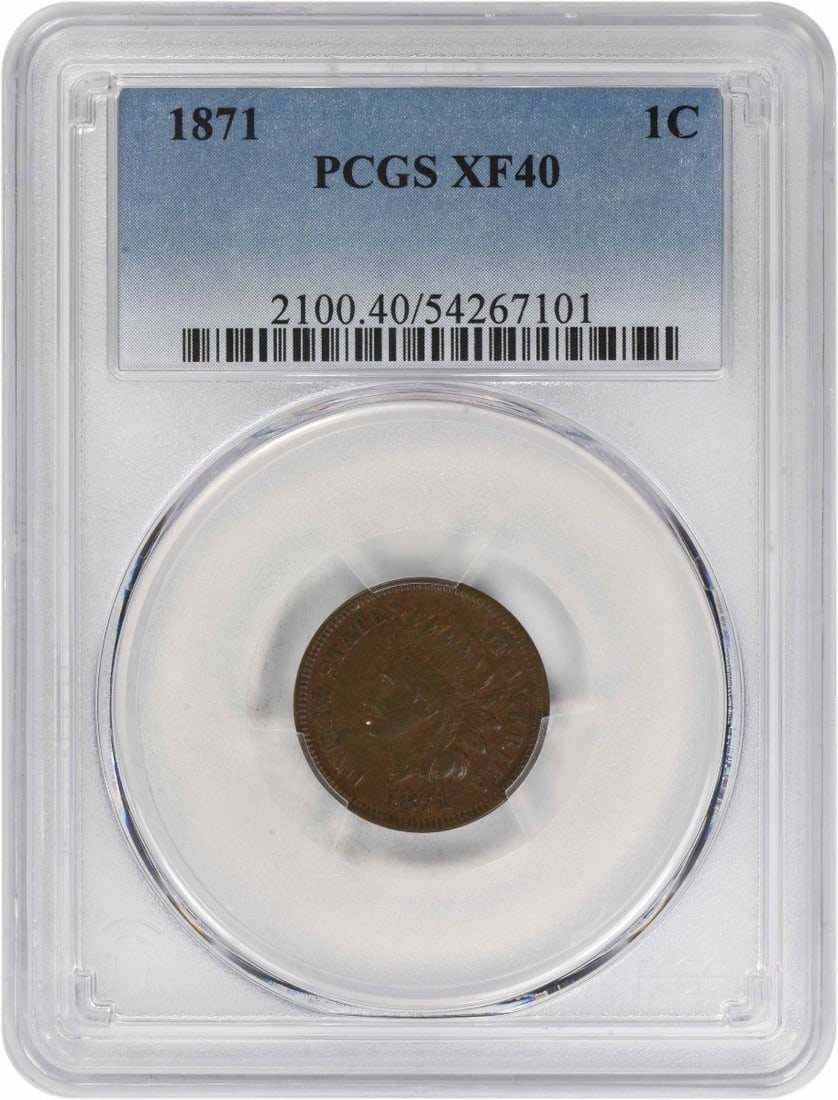 1871 Indian Head Small Cent Copper Coin Graded EF40 by PCGS: 1871 Indian Head Small Cent Copper Coin Graded EF40 by PCGS This 1871 Indian Head Cent is certified by PCGS with a grade of EF40, indicating it is in Extremely Fine condition. The coin is composed of