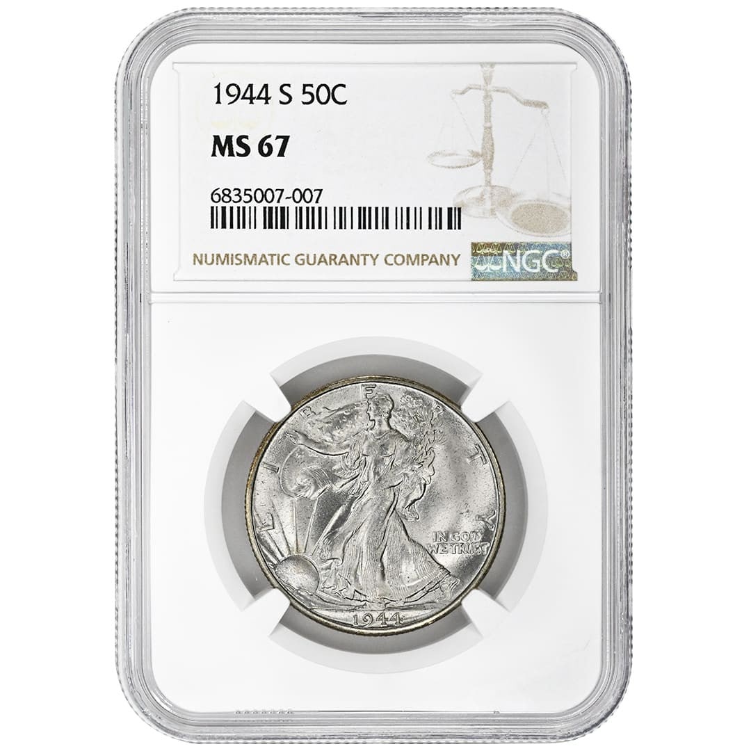 NGC MS67 1944-S Walking Liberty Half Dollar Silver Coin San Francisco Mint: NGC MS67 1944-S Walking Liberty Half Dollar Silver Coin San Francisco Mint This 1944-S Walking Liberty Half Dollar is an uncirculated rare coin struck at the San Francisco Mint. Certified by NGC with