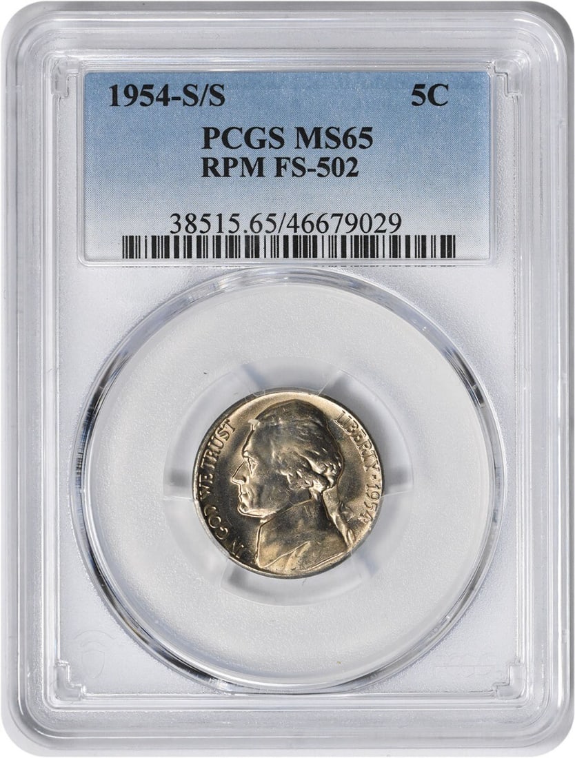 1954-S/S Jefferson Nickel MS65 PCGS Uncirculated San Francisco: 1954-S/S Jefferson Nickel MS65 PCGS Uncirculated San Francisco This 1954-S/S Jefferson Nickel is a stunning example of numismatic craftsmanship, certified by PCGS with a grade of MS65. Struck in San F