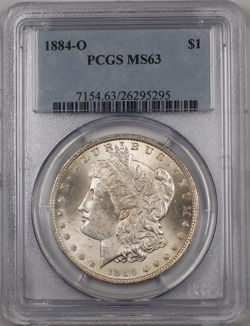 PCGS MS-63 1884-O Morgan Dollar Silver Coin from New Orleans Mint: PCGS MS-63 1884-O Morgan Dollar Silver Coin from New Orleans Mint This 1884-O Morgan Silver Dollar was minted in New Orleans and is graded MS-63 by PCGS. The coin is composed of 90% silver and remains
