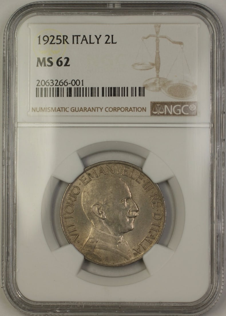 Italy 1925 Two Lire NGC MS 62 Certified Uncirculated Coin: Italy 1925 Two Lire NGC MS 62 Certified Uncirculated Coin This is an uncirculated 1925R Italy 2 Lire coin, certified by NGC with a grade of MS 62. It was manufactured in Italy and is from the year 192