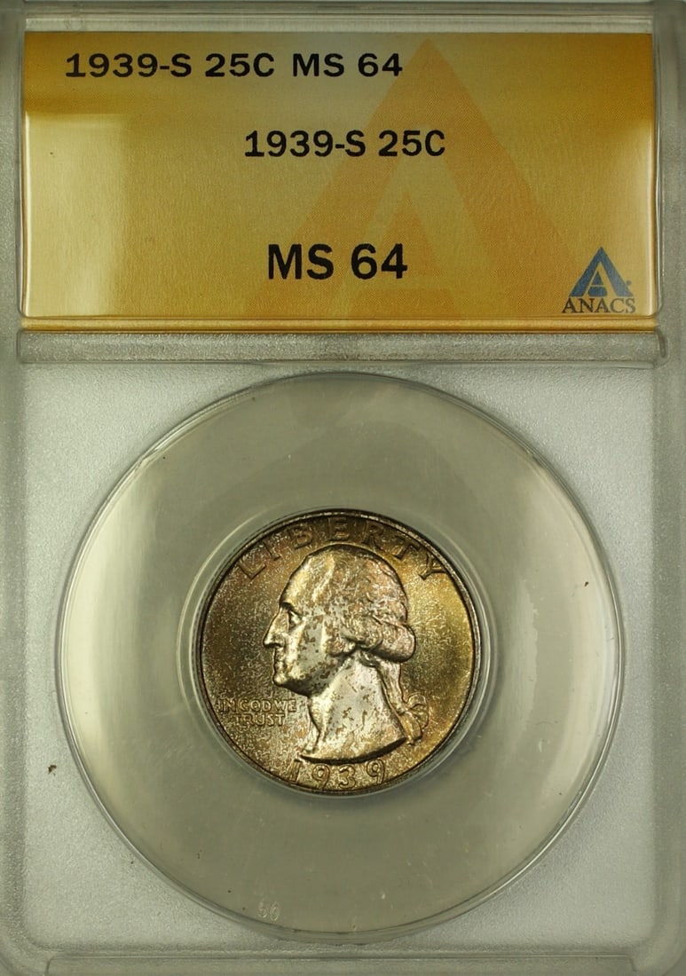 ANACS MS-64 1939-S Silver Washington Quarter with Toned Finish: ANACS MS-64 1939-S Silver Washington Quarter with Toned Finish This 1939-S Washington Quarter is composed of 90% silver and was minted in San Francisco. Certified by ANACS with a grade of MS-64, this