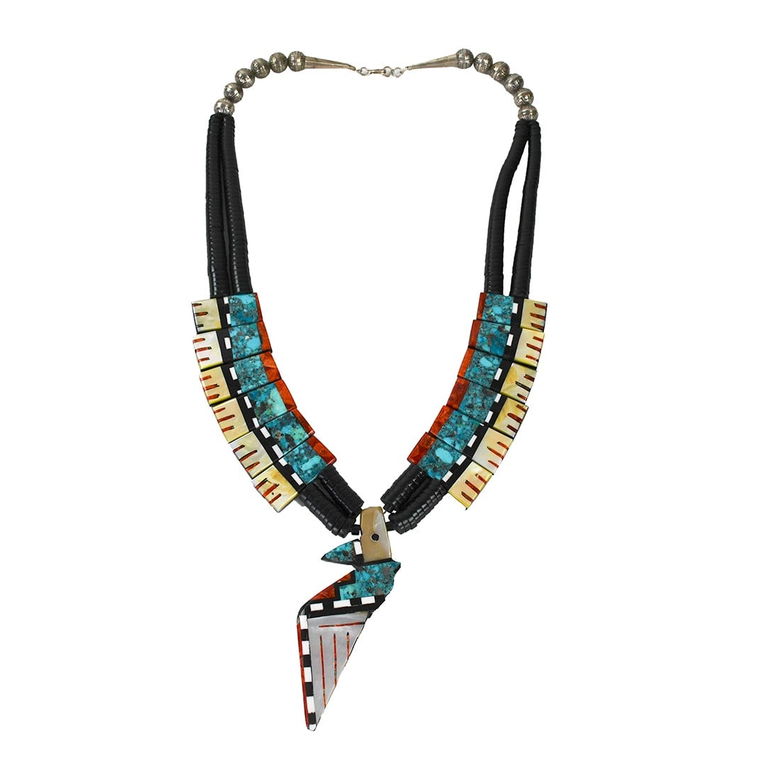 Sterling Silver Necklace With Multi-Stone Inlay And Silver Beads Native American Style (1 of 7)
