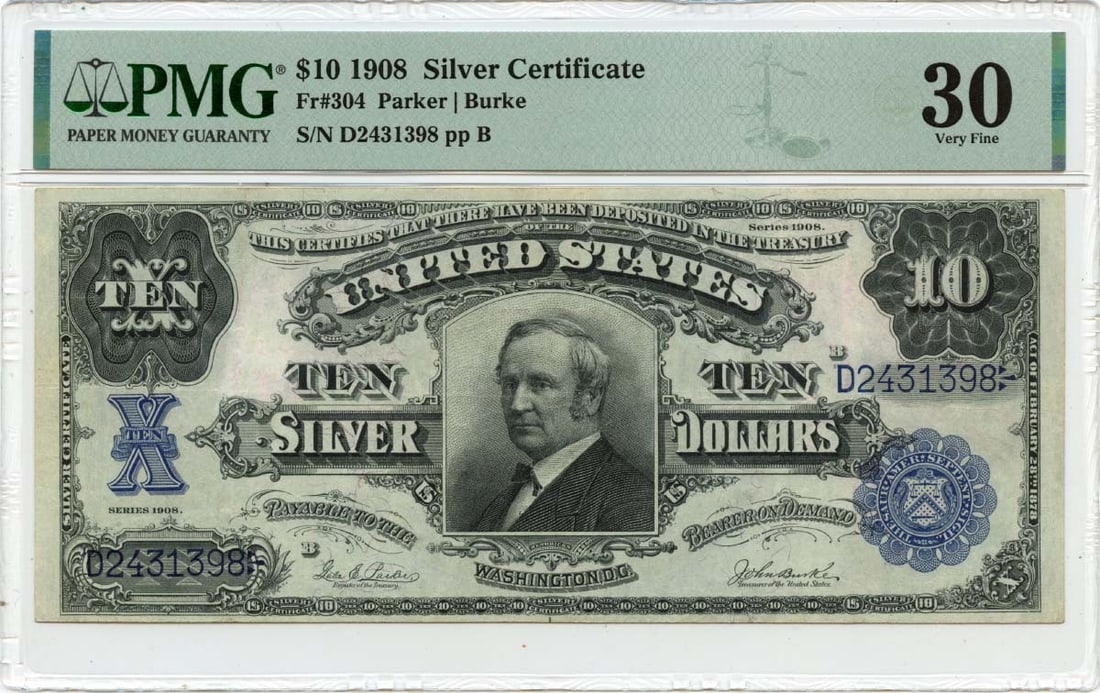 1908 $10 Blue Tombstone Silver Certificate PMG VF30: 1908 $10 Blue Tombstone Silver Certificate PMG VF30 This 1908 $10 Silver Certificate features the iconic Blue Tombstone design, showcasing its historical significance. Graded VF30 by PMG, this note ex