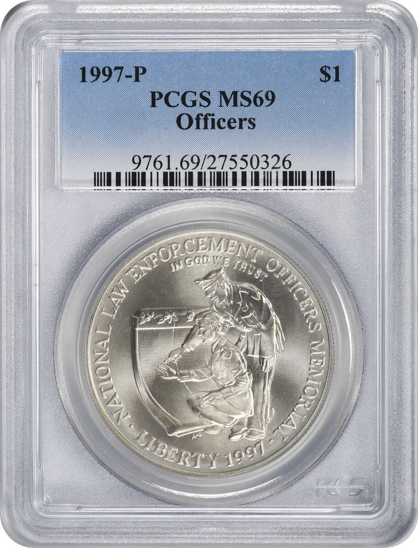 1997-P Silver Officers Law Commemorative Dollar MS69 PCGS Certified: 1997-P Silver Officers Law Commemorative Dollar MS69 PCGS Certified This 1997-P Officers Law Silver Commemorative Dollar is graded MS69 by PCGS, ensuring its exceptional quality and uncirculated condi