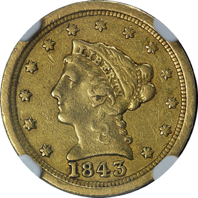 NGC VF30 1843-O Liberty $2.50 Gold Coin Large Date Variety: NGC VF30 1843-O Liberty $2.50 Gold Coin Large Date Variety This is an original 1843-O Liberty Gold $2.50 coin featuring the large date variety. Graded VF30 by NGC, the coin displays attractive eye app