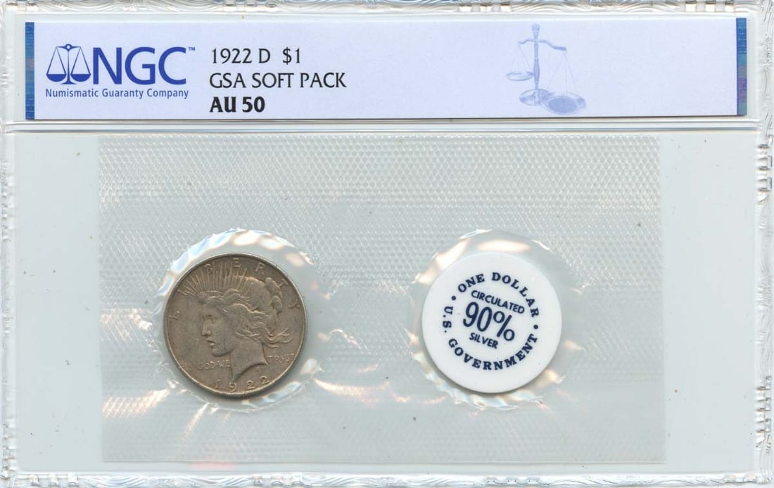 NGC AU50 GSA Soft Pack 1922 D Peace Dollar Silver Coin: NGC AU50 GSA Soft Pack 1922 D Peace Dollar Silver Coin This 1922 D Peace Dollar is certified by NGC with a grade of AU50 and comes in a GSA soft pack. Issued by the United States Mint, this circulated