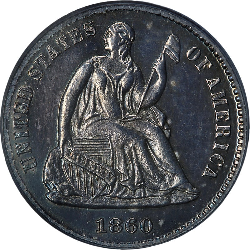 PCGS PR62 1860 Silver Seated Liberty Half Dime Proof Coin United States: PCGS PR62 1860 Silver Seated Liberty Half Dime Proof Coin United States This 1860 Seated Liberty Half Dime is a proof coin graded PR62 by PCGS. It is composed of silver with a fineness of 0.9 and feat
