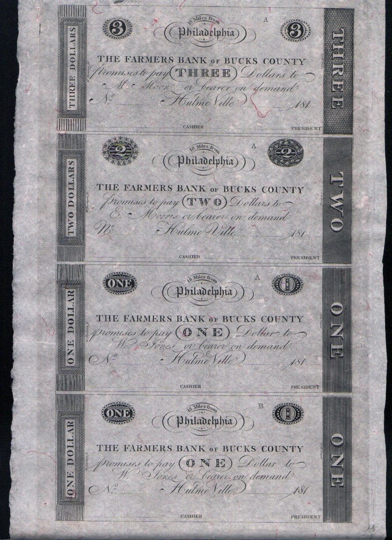 Rare Uncut 1810s Farmer's Bank $1 $2 $3 Currency Sheet (1 of 2)