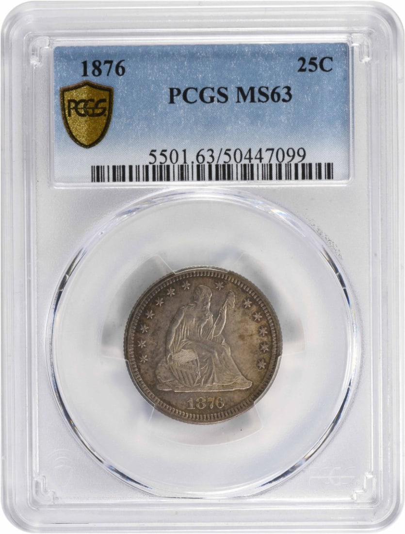 1876 Liberty Seated Quarter MS63 PCGS 90% Silver Reeded Edge: 1876 Liberty Seated Quarter MS63 PCGS 90% Silver Reeded Edge This 1876 Liberty Seated Silver Quarter is a remarkable piece for collectors, featuring a grade of MS63 by PCGS, indicating a well-preserve