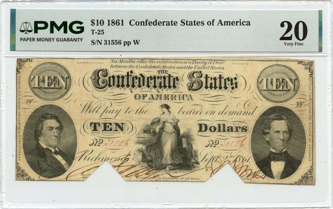 Confederate States 1861 Ten Dollar Note PMG VF20 Certified (1 of 2)